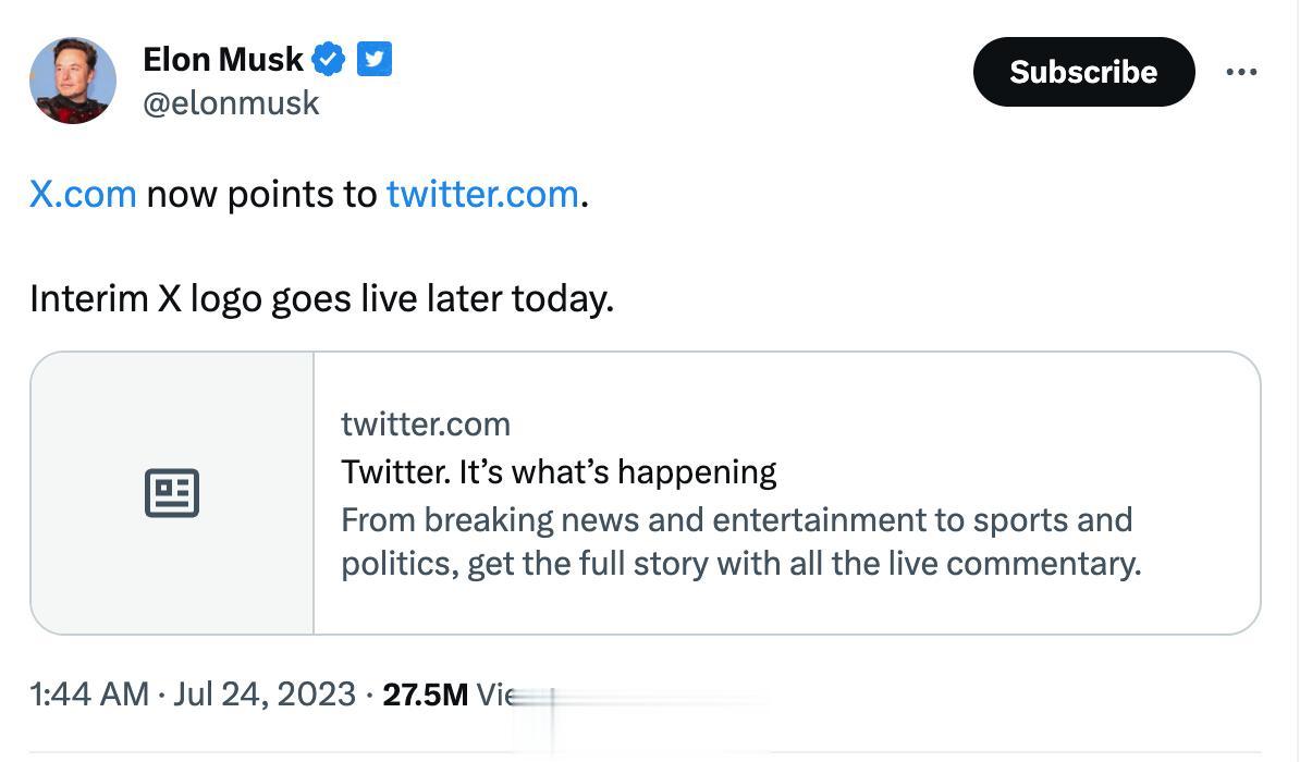  马斯克预告推特标志将从「蓝鸟」变成黑色主调的「X」，网址也会由 twitter