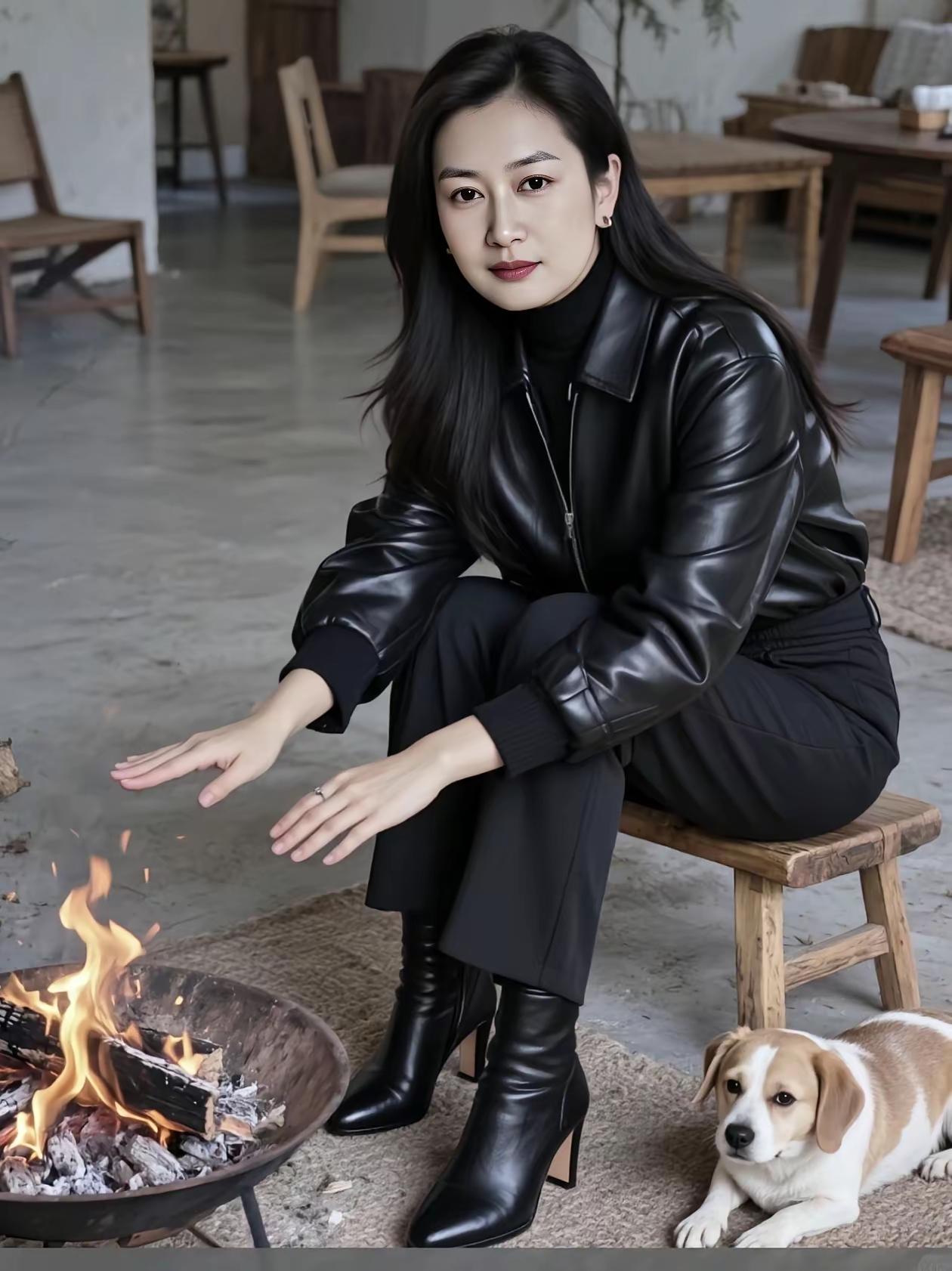冬日暖阳下，黑皮衣女孩与小狗的温馨时光。