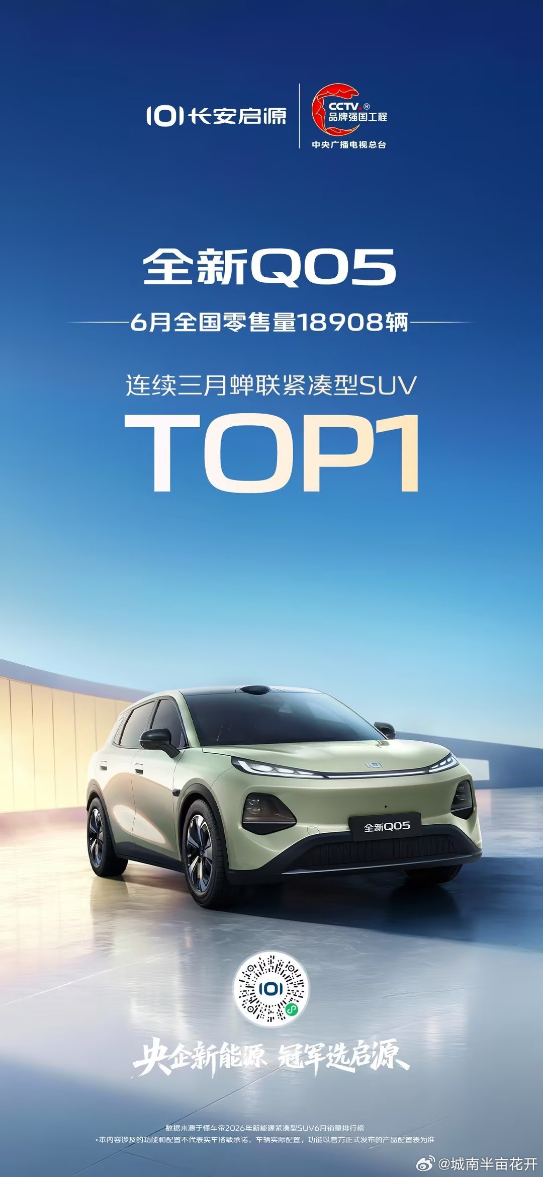 长安汽车长安启源全新Q05 6月零售18908辆连续三月蝉联紧凑型SUV销冠长安