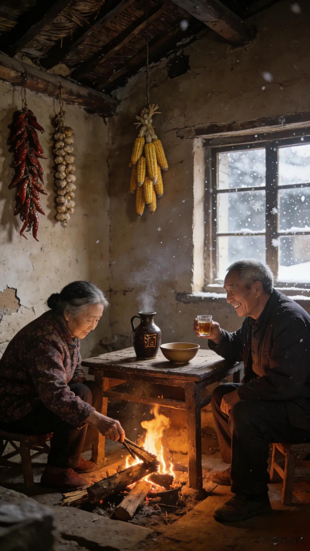 上联：天寒地冻一杯酒，
下联：家贫屋陋满室春。
朔风卷地雪纷飞，寒舍一杯酒自煨。