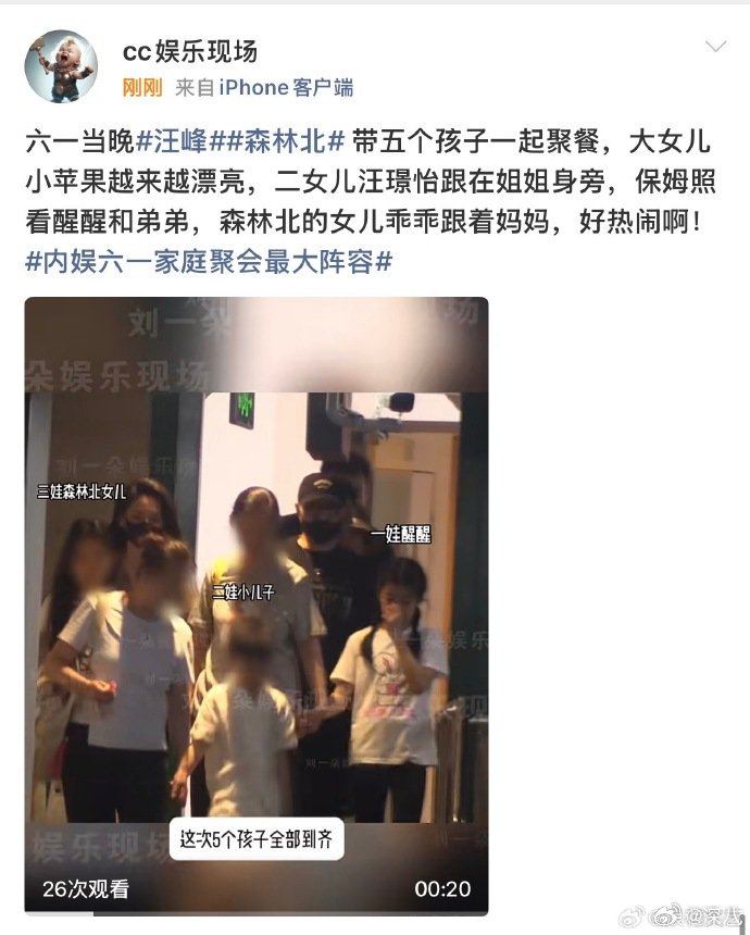 曝汪峰森林北六一带孩子聚餐曝汪峰森林北带孩子聚餐 曝汪峰森林北带孩子聚餐，一家7