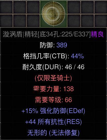 暗黑二重制版国服战网拍卖极品之无形旋风盾
旋风盾一直是圣骑士盾牌中爆率最低的，想