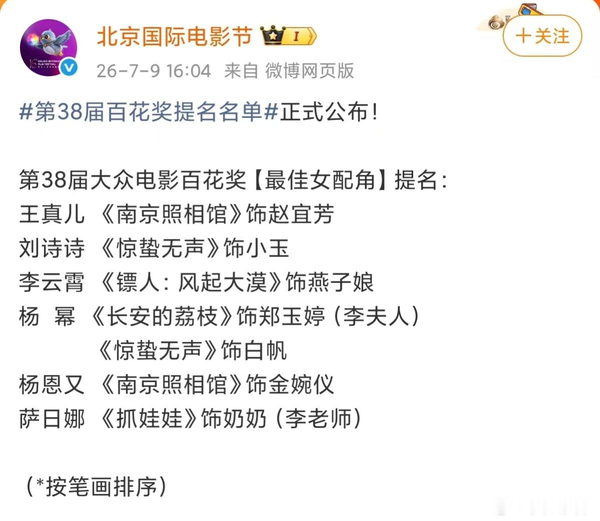杨幂百花奖提名恭喜 