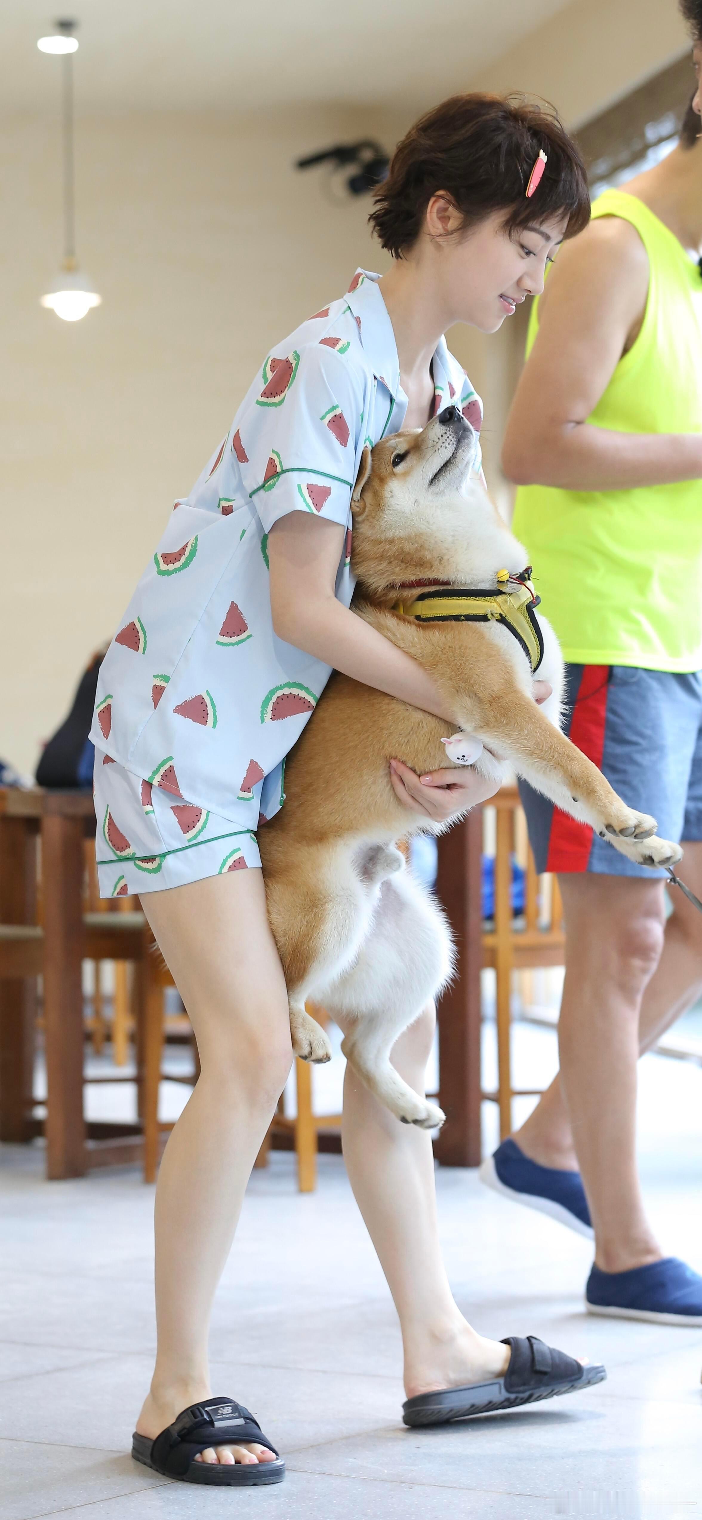 景甜素颜睡衣跟狗狗玩耍邻家乖乖女既视感 