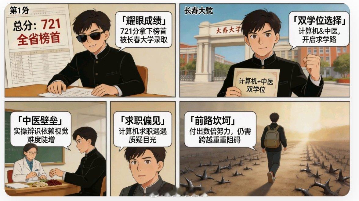 挖眼案受害者高考拿下全国第一【721 分数虽然足够耀眼，但盲人的现实壁垒依旧很难