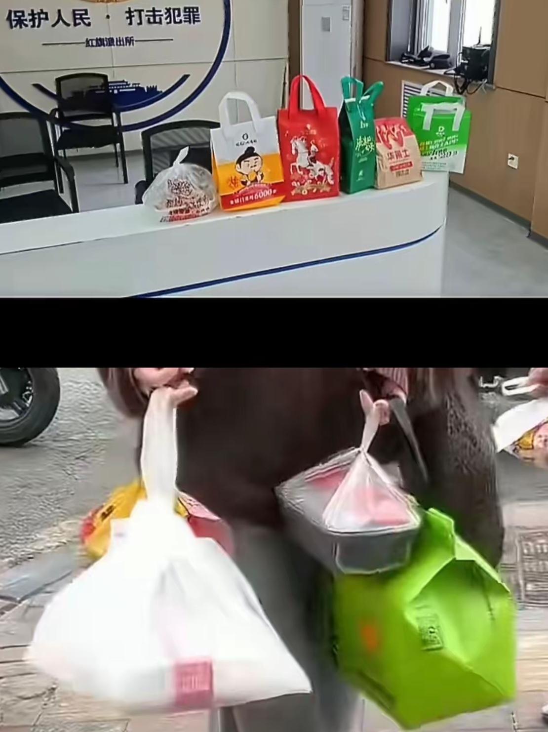 小区门口这一幕看得人挺无语，大家都在正常取自己的外卖，一位背着大布包的女子，手里