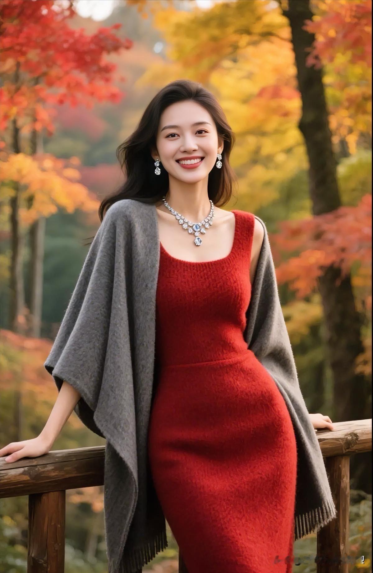 红裙热烈，灰披沉稳，于斑斓秋色中倚栏而笑，优雅从容，尽显岁月静好的温柔气质。