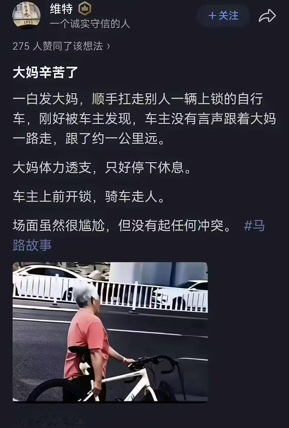 大妈硬核扛车负重前行一公里，车主悠闲散步追回被盗的自行车，全程无冲突，完美。[偷