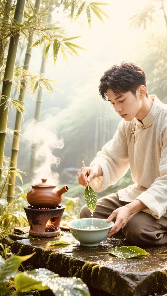 下联：他借晨露煮茶