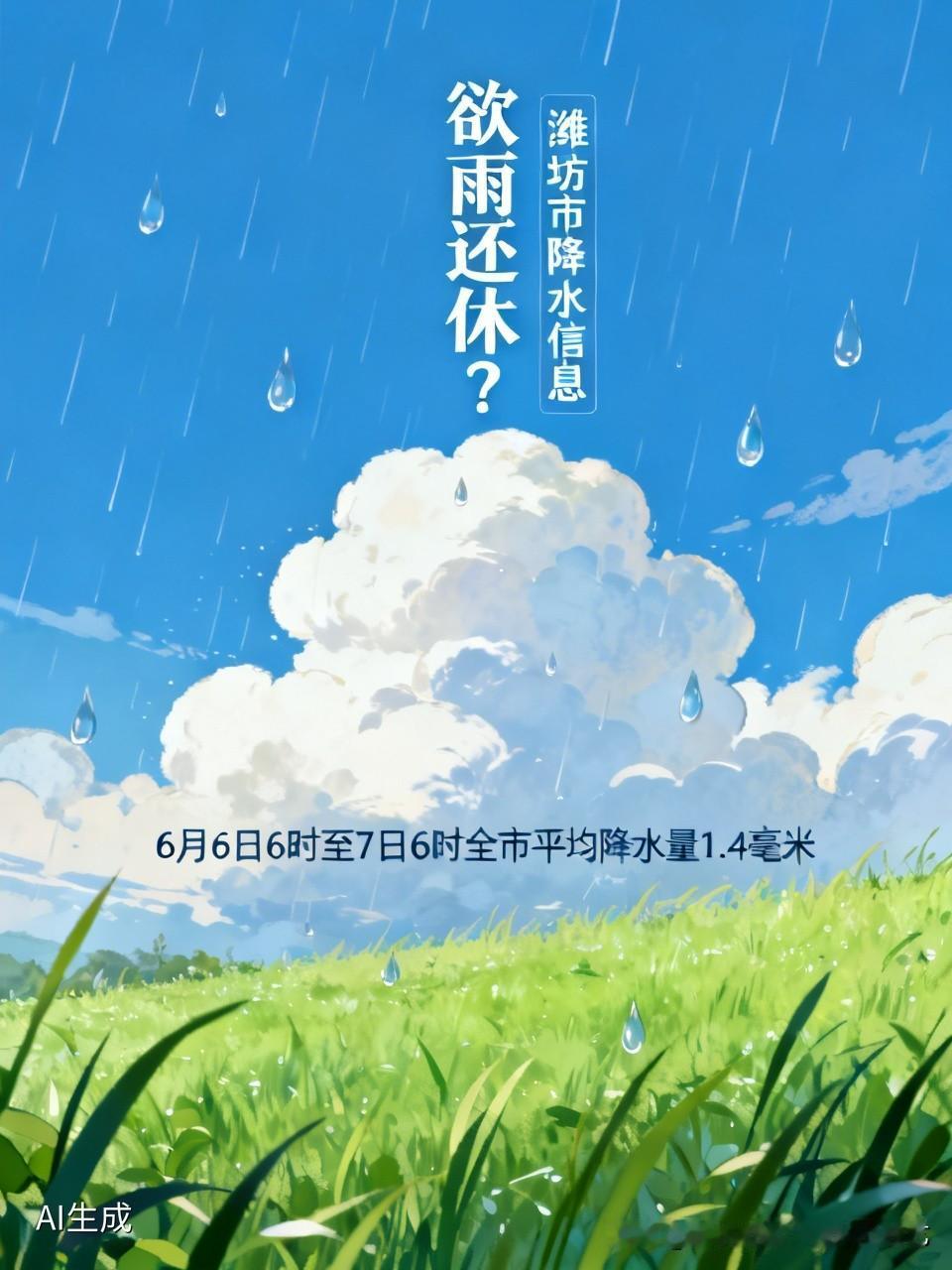 欲雨还休？

【潍坊市降水信息】

6月6日6时至7日6时全市平均降水量1.4（