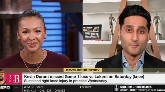 Shams：据我所知，凯文-杜兰特右膝髌腱处有严重的挫伤。洛杉矶湖人