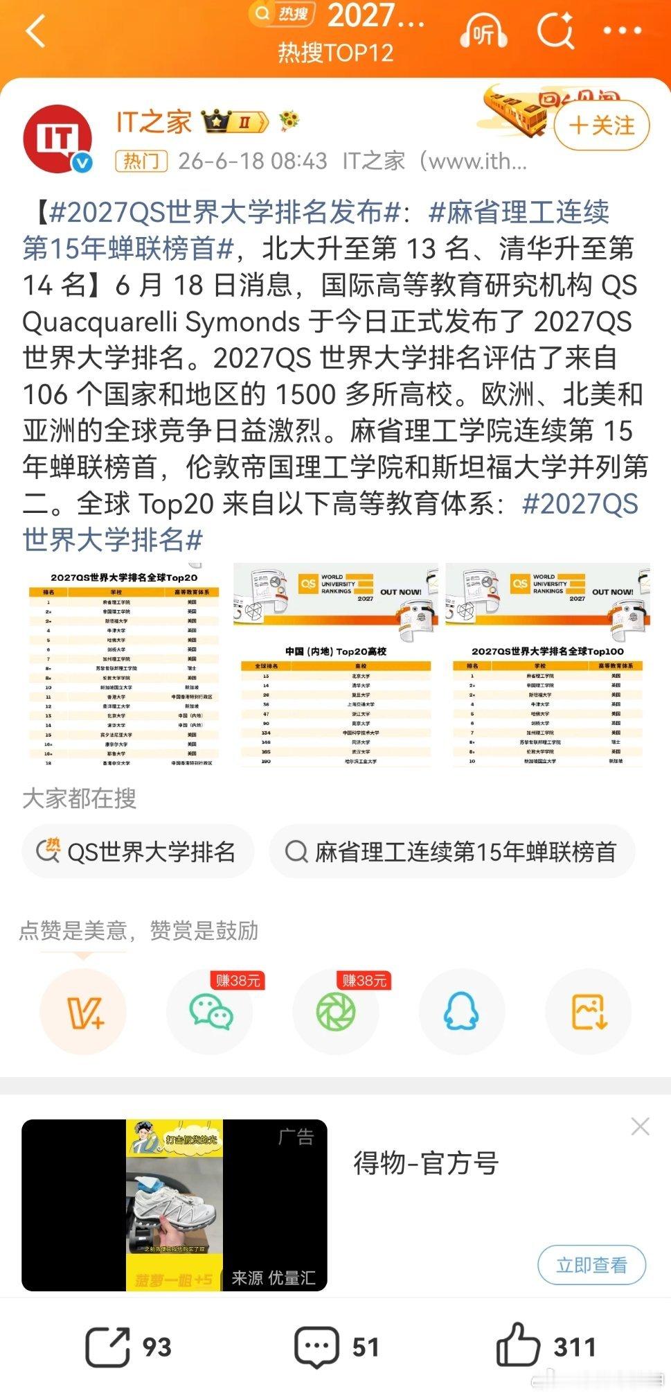 2027QS世界大学排名这让我想起了，话语权问题。大学排名也好，创新指数排名也罢