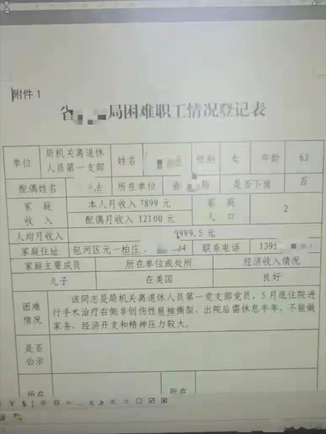 退休女子月入7899元登记困难职工在一般人眼里，月入7899元是高收入家庭了，夫