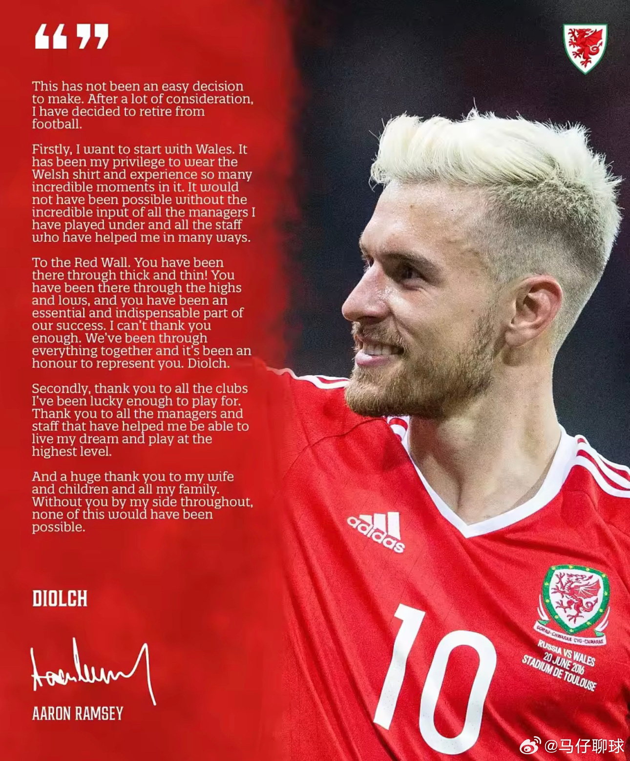4月7日讯 35岁的前威尔士国脚、阿森纳名宿拉姆塞自宣退役，结束19年职业生涯。