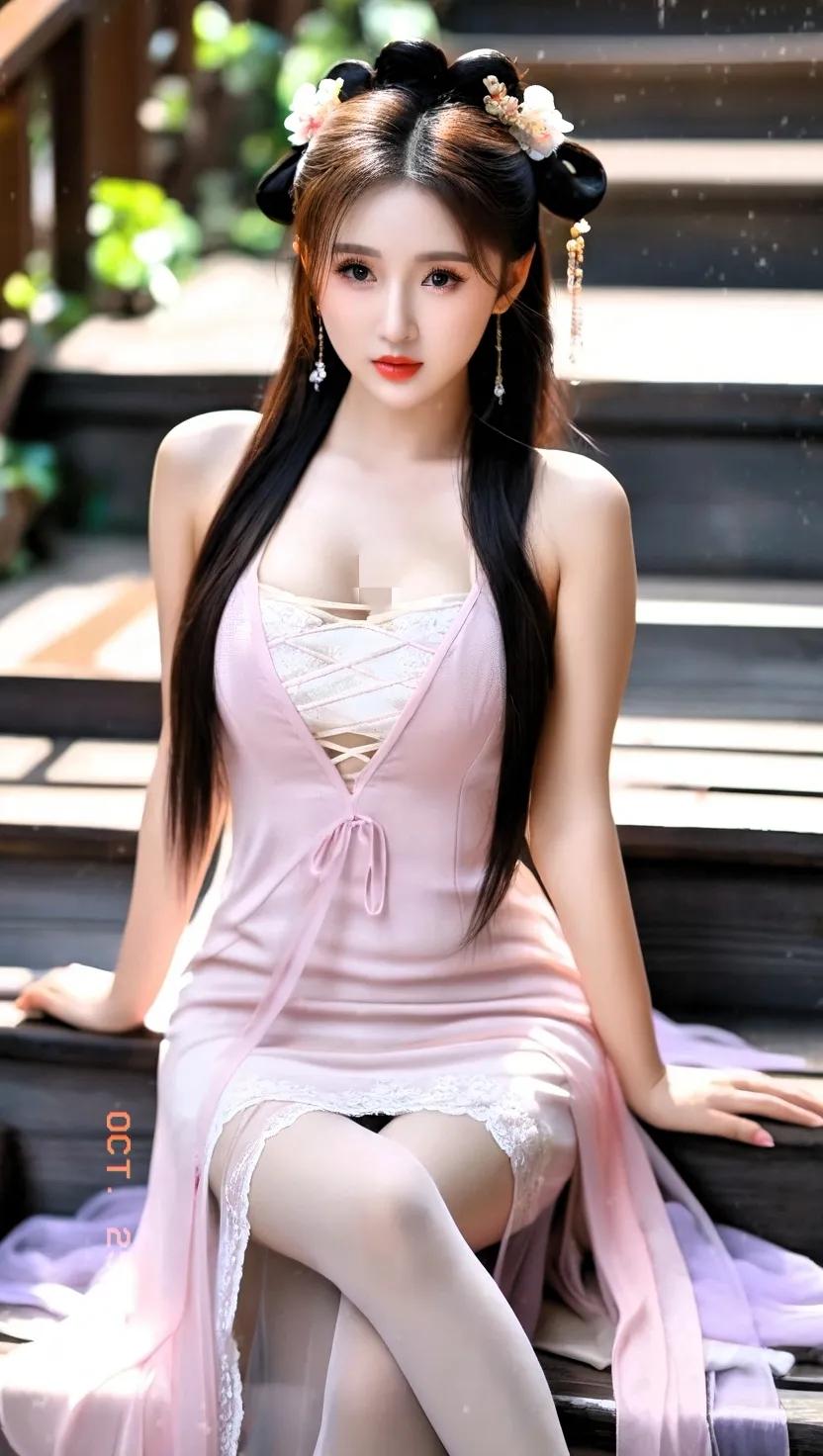 古风仙气少女，优雅坐于台阶上，粉裙飘逸，如梦似幻。🌸👗💃#美娇娘美图分享#