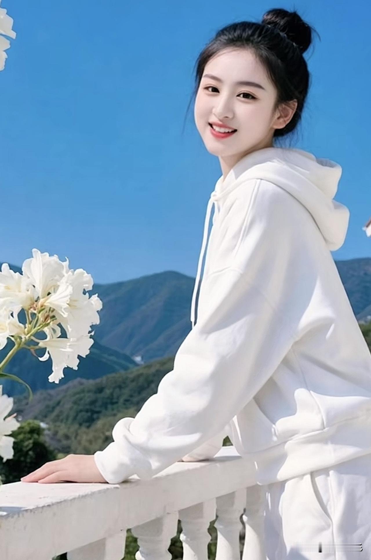 阳光下的微笑女孩，白色卫衣与蓝天白云相映成趣。阳光白裙少女 粉裙微笑写真 蓝衬衫