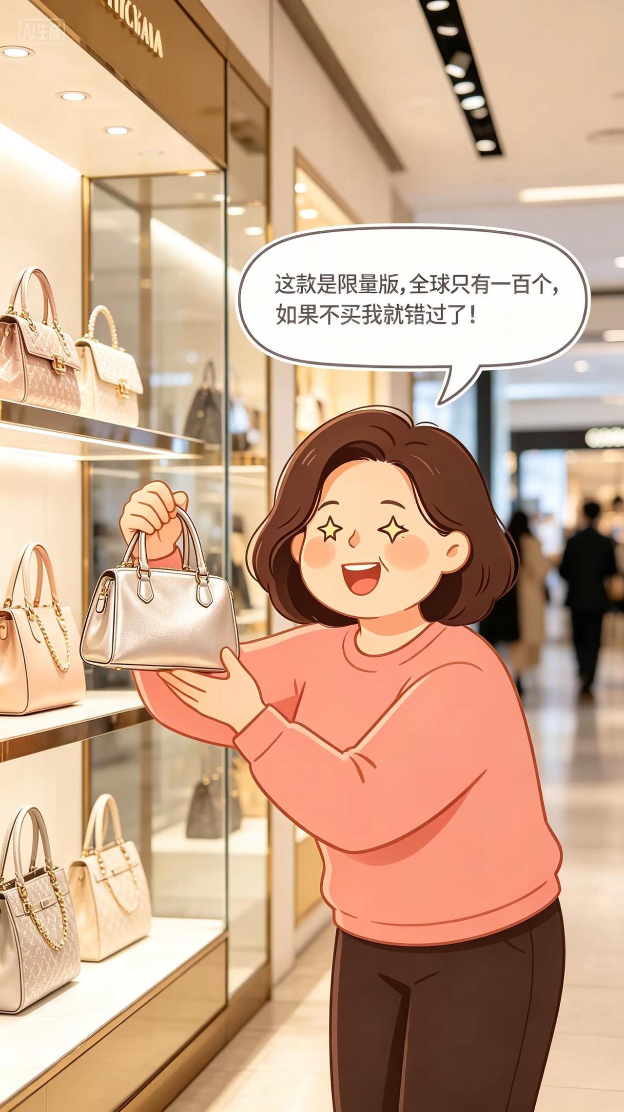 每日幽默：买包。妈妈拿着一款新出的包包，两眼放光地对爸爸说：“这款是限量版，全球