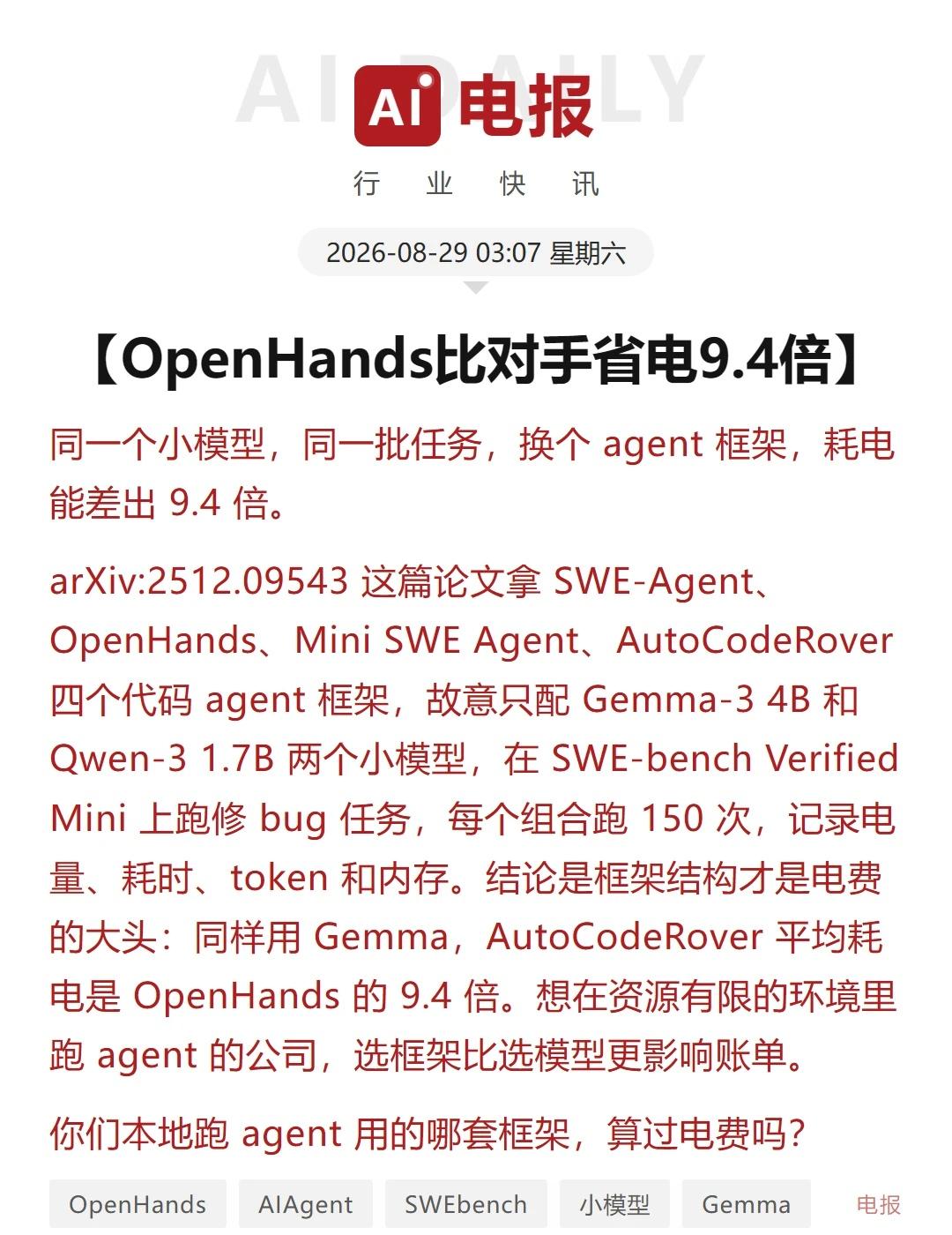 OpenHands比对手省电9.4倍
同一个小模型，同一批任务，换个 agent