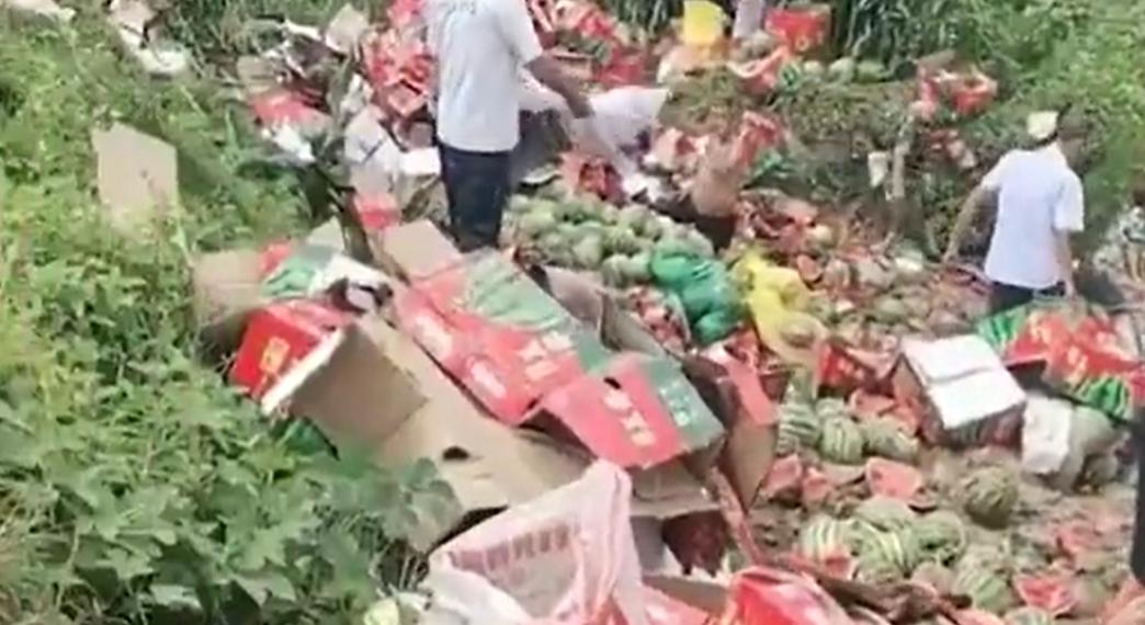 【：无一人哄抢】7月22日，湖北襄阳。一辆拉运西瓜的大货车发生车祸，导致数千斤西