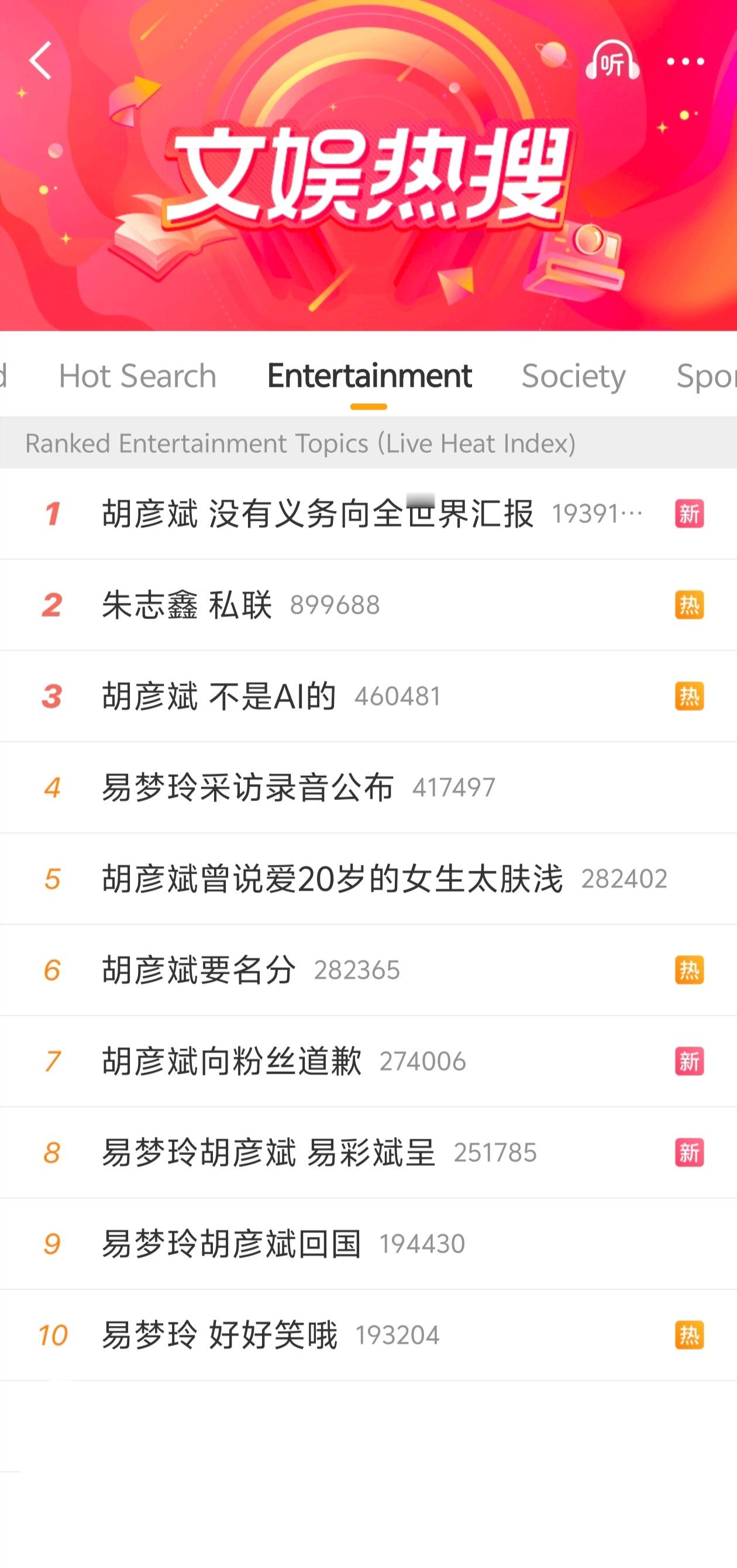 文娱前10胡彦斌易梦玲包场了，朱志鑫闯入第二. . .