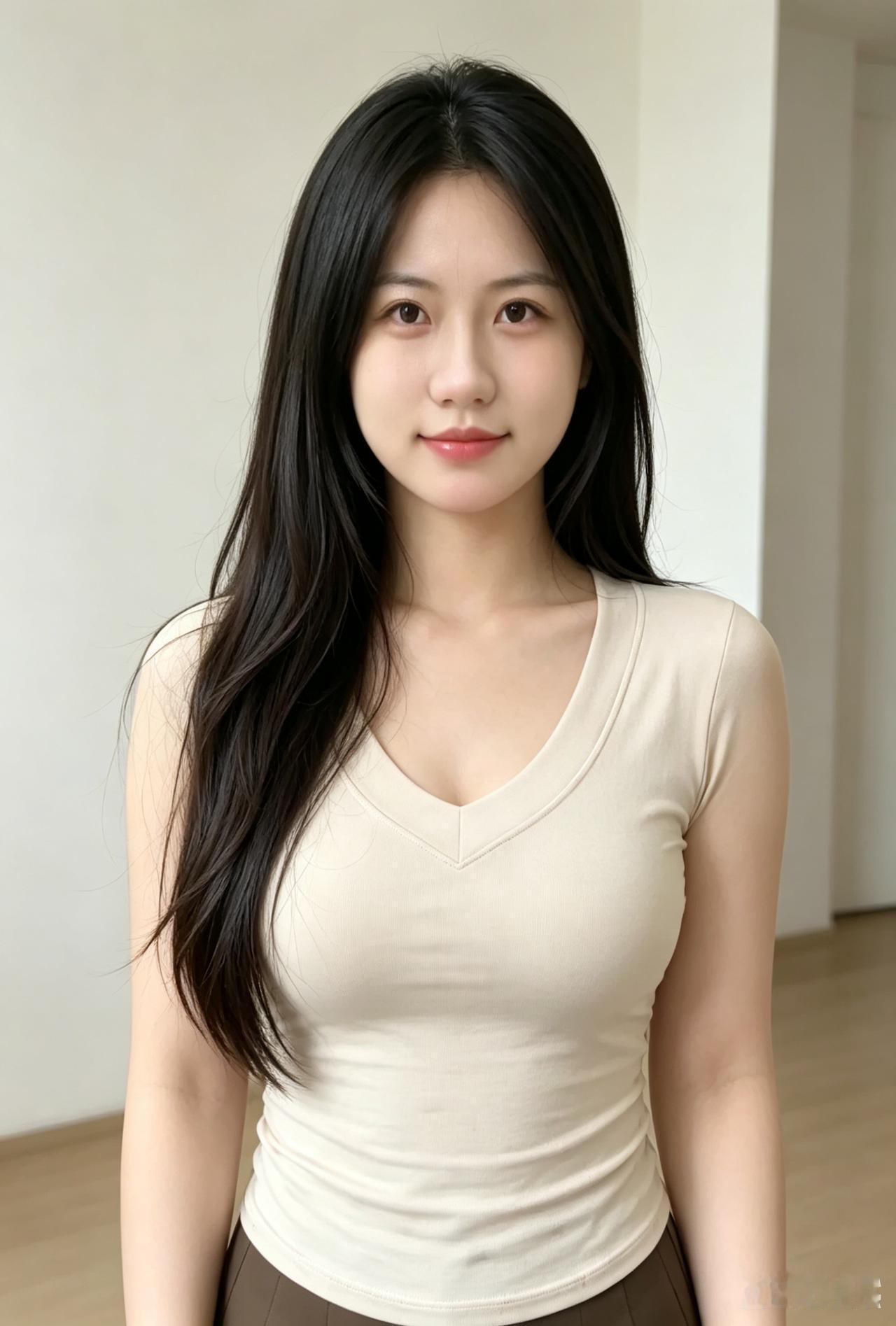 素袂轻裁映玉颜，青丝如瀑落双肩。
浅笑嫣然含暖意，清姿淡远自天然。