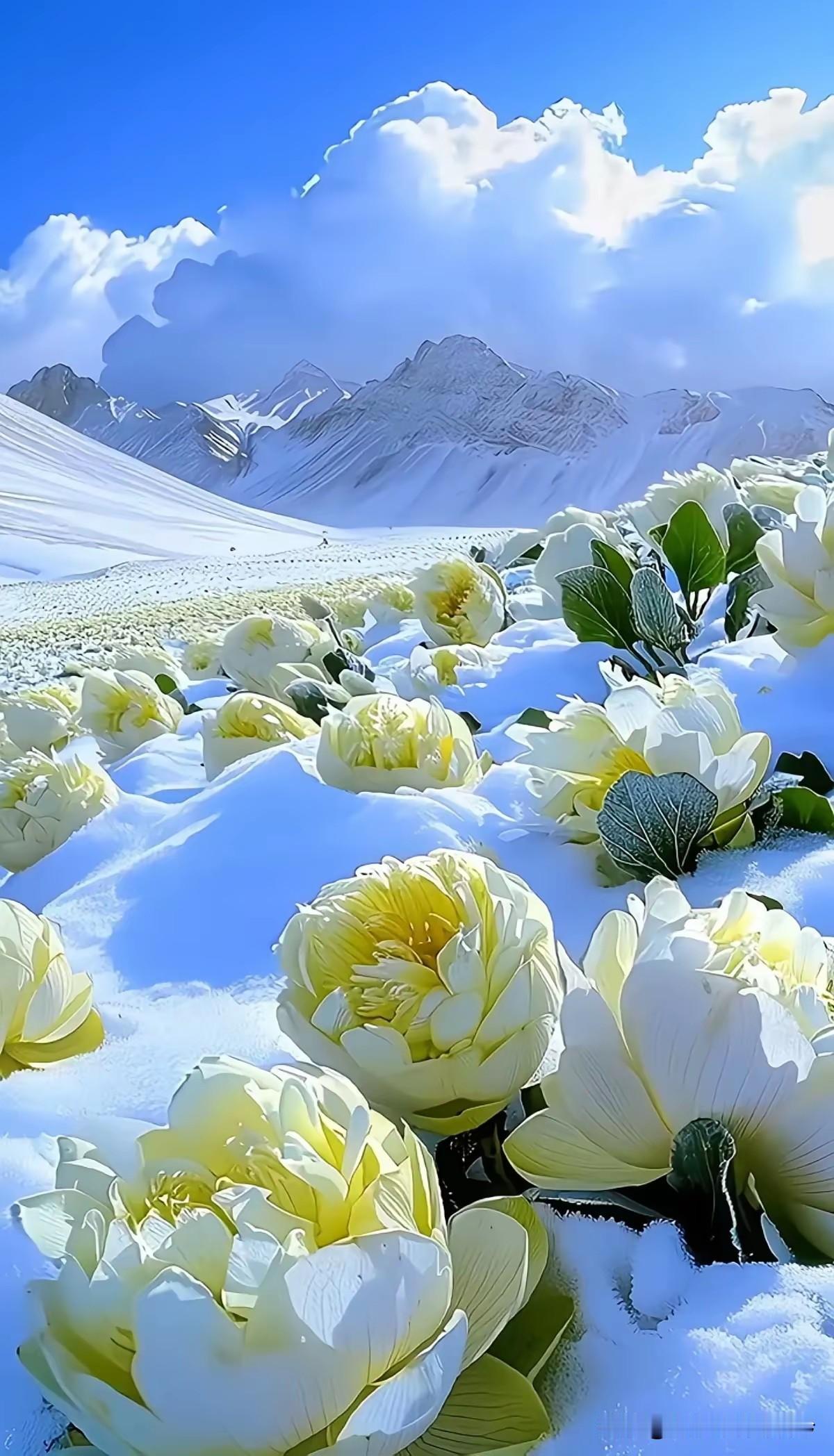 冰峰绝顶雪纷飘，
傲立雪莲意气豪。
凛冽寒风吹不折，
酷严霜雪志难消。
花开惊艳