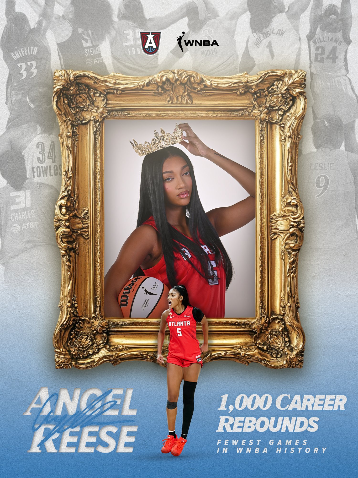 WNBA安吉尔里斯 成为WNBA历史达成1000篮板最快的球员，仅用79场，比原