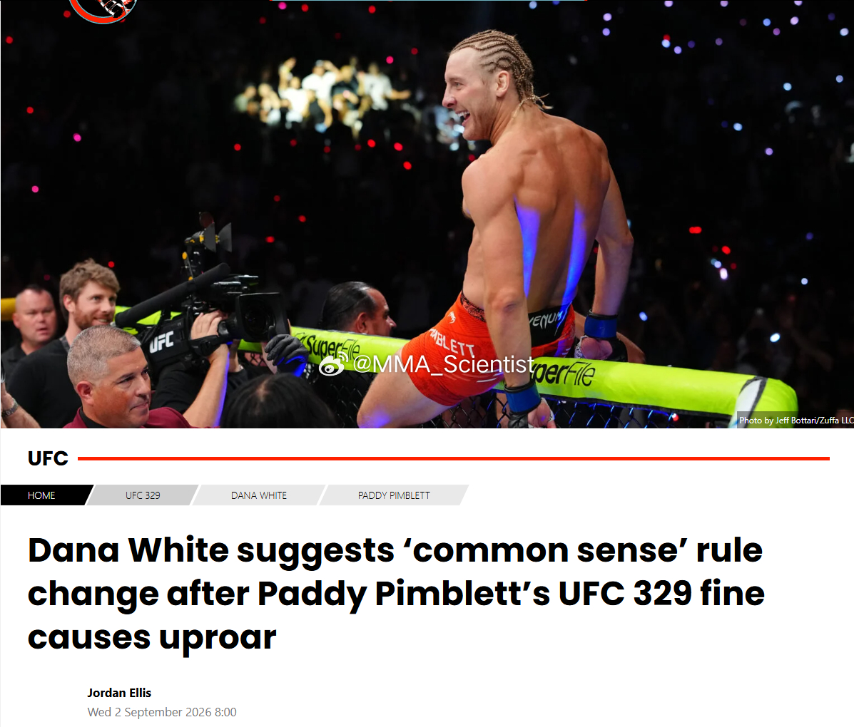 “一言九鼎”白大拿（Dana White）支持修改规则，选手为了庆祝跳出八角笼，