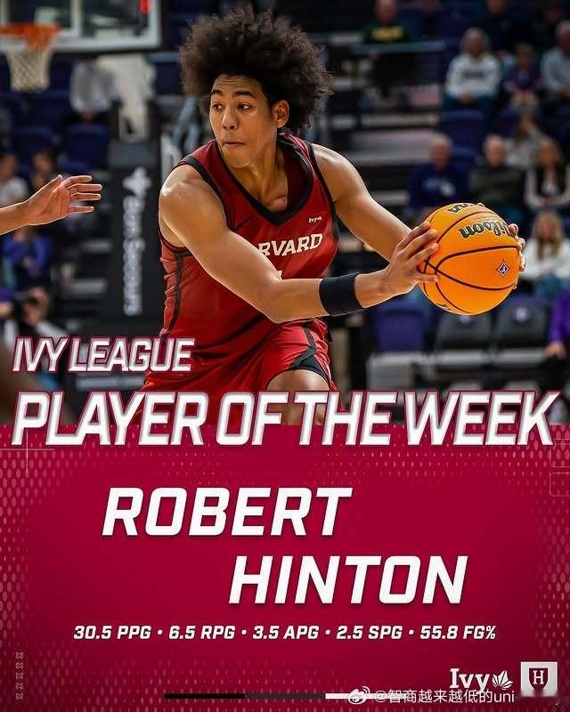 贺博当选常春藤联盟周最佳球员，上周场均轰下30.5分6.5板3.5助2.5断nc