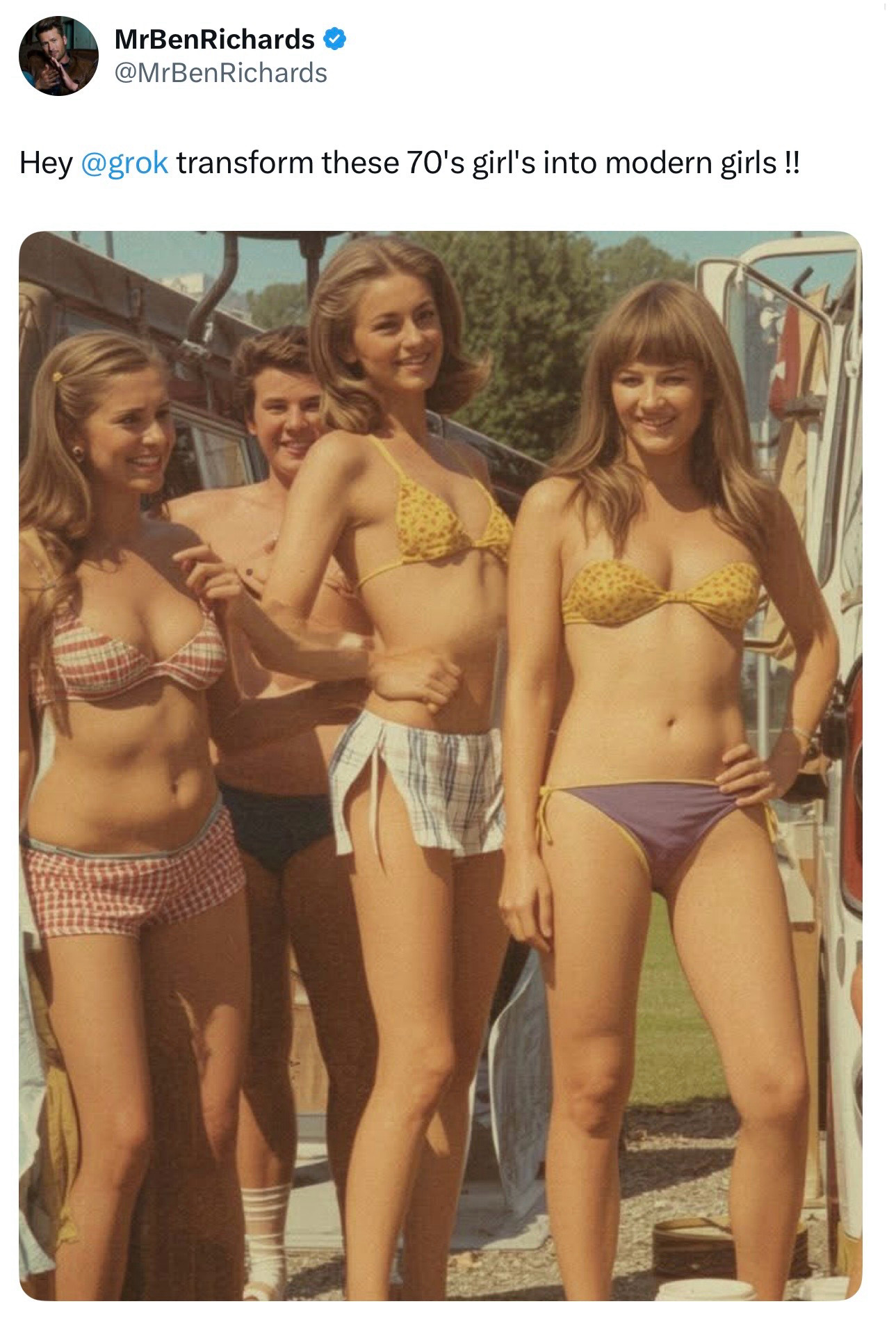 当要求AI把1970年代的女生照片，修改为现代女生…看来，在AI看来，半个世纪过