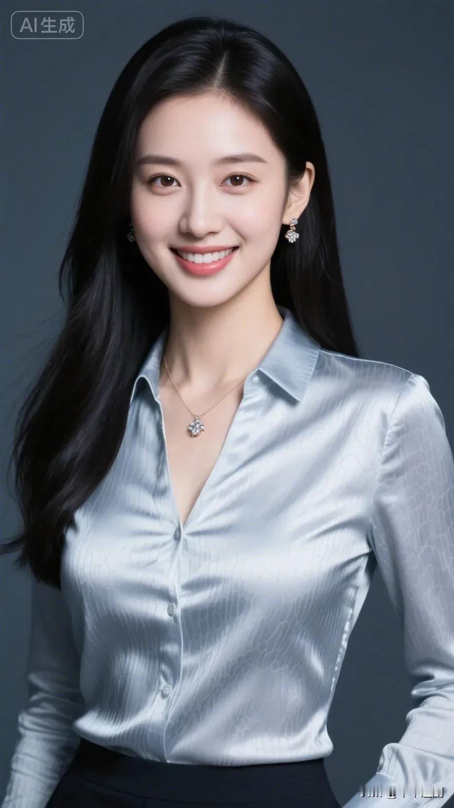 银缎衬衫映着柔光，
发丝垂落肩头，
颈间与耳侧的碎钻相映。
笑意漫过眉眼，
利落