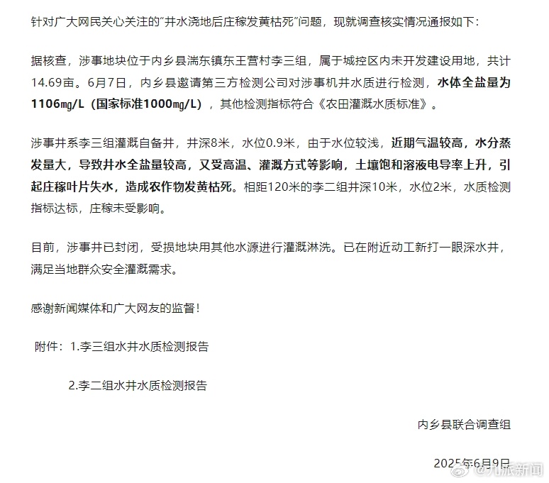 #官方通报井水浇地后庄稼发黄枯死#【#井水浇地庄稼枯死系因全盐量高#】据河南内乡