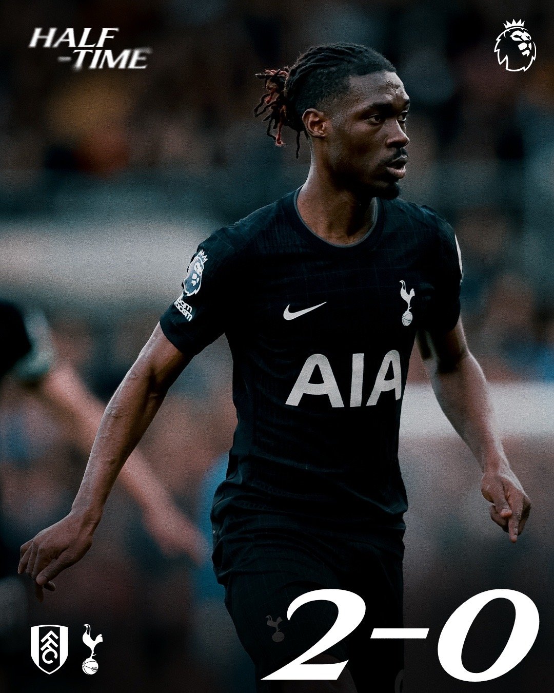 半场比赛结束，富勒姆2-0热刺 coys