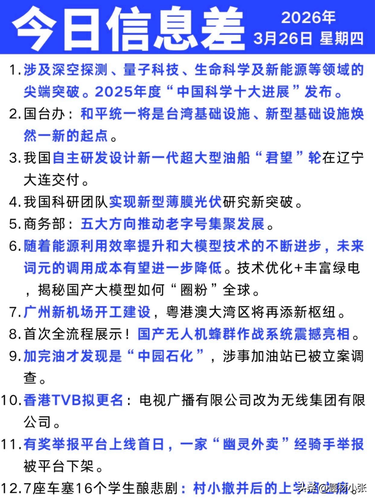 2026年3月26日信息差速览：

科技突破、民生热点一手掌握
从“中国科学十大