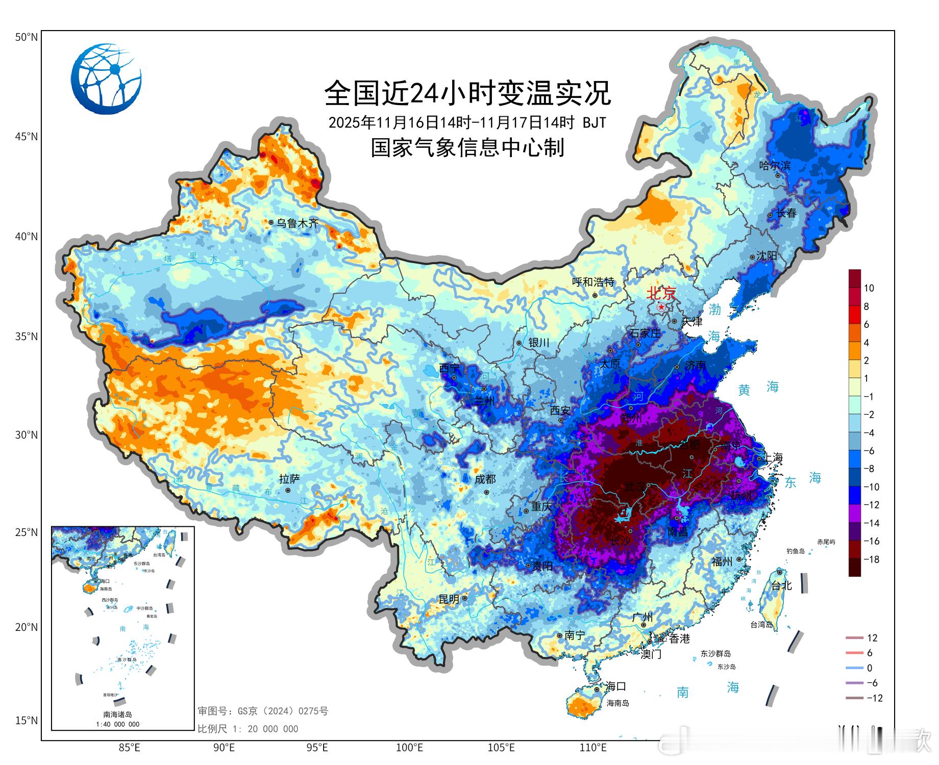 【剧烈降温】今天寒潮继续南下，江苏多地、安徽大部、河南南部、湖北大部、湖南北部出