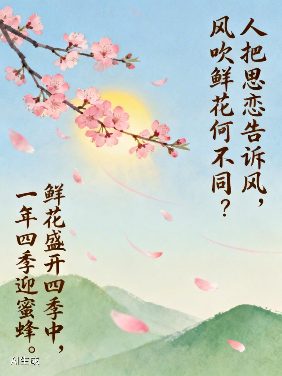 人把思恋告诉风，风吹鲜花何不同？
鲜花盛开四季中，一年四季迎蜜蜂。蜜蜂采蜜情意浓