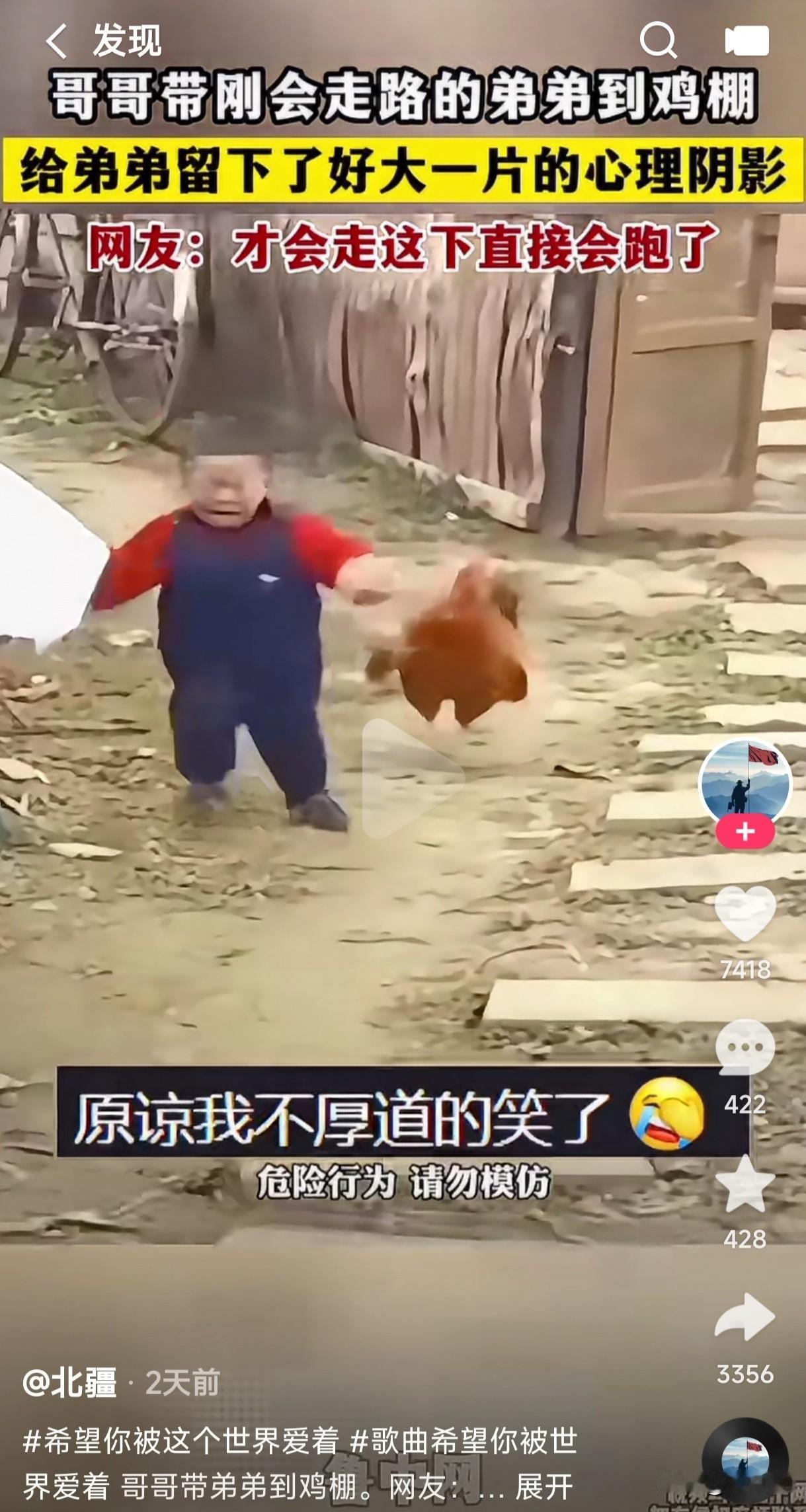 哥哥带刚会走路的弟弟到鸡棚
没想到给他留下了深刻的心理阴影
一只公鸡飞扑而来
吓