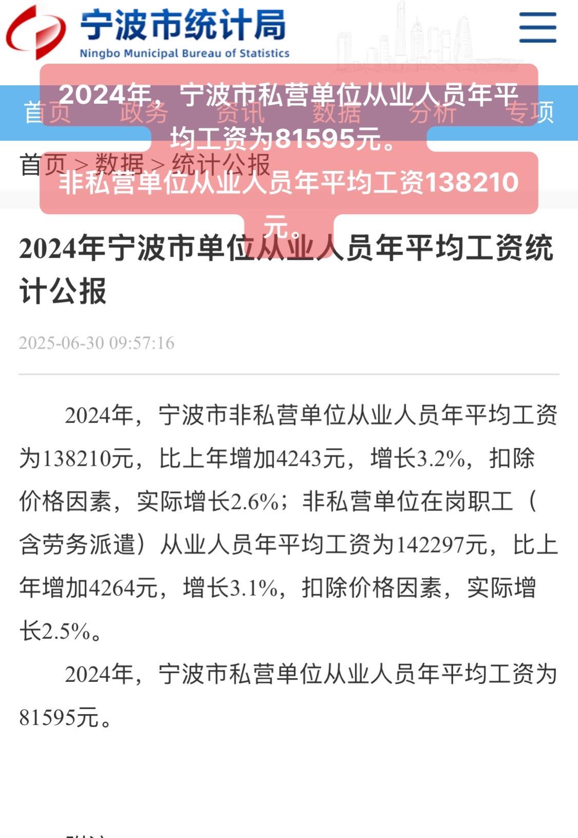 2024年，宁波市私营单位从业人员年平均工资为81595元。非私营单位从业人员年