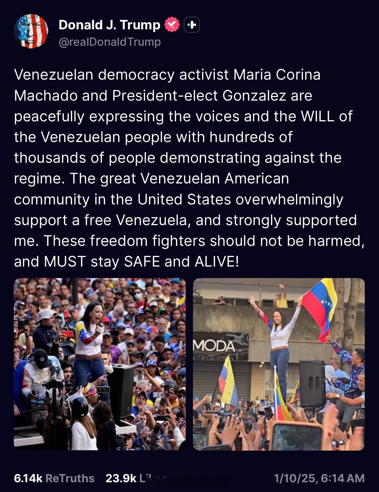 整整九个月前，川普发帖表达了对今年诺贝尔和平奖得主Maria Corina Ma