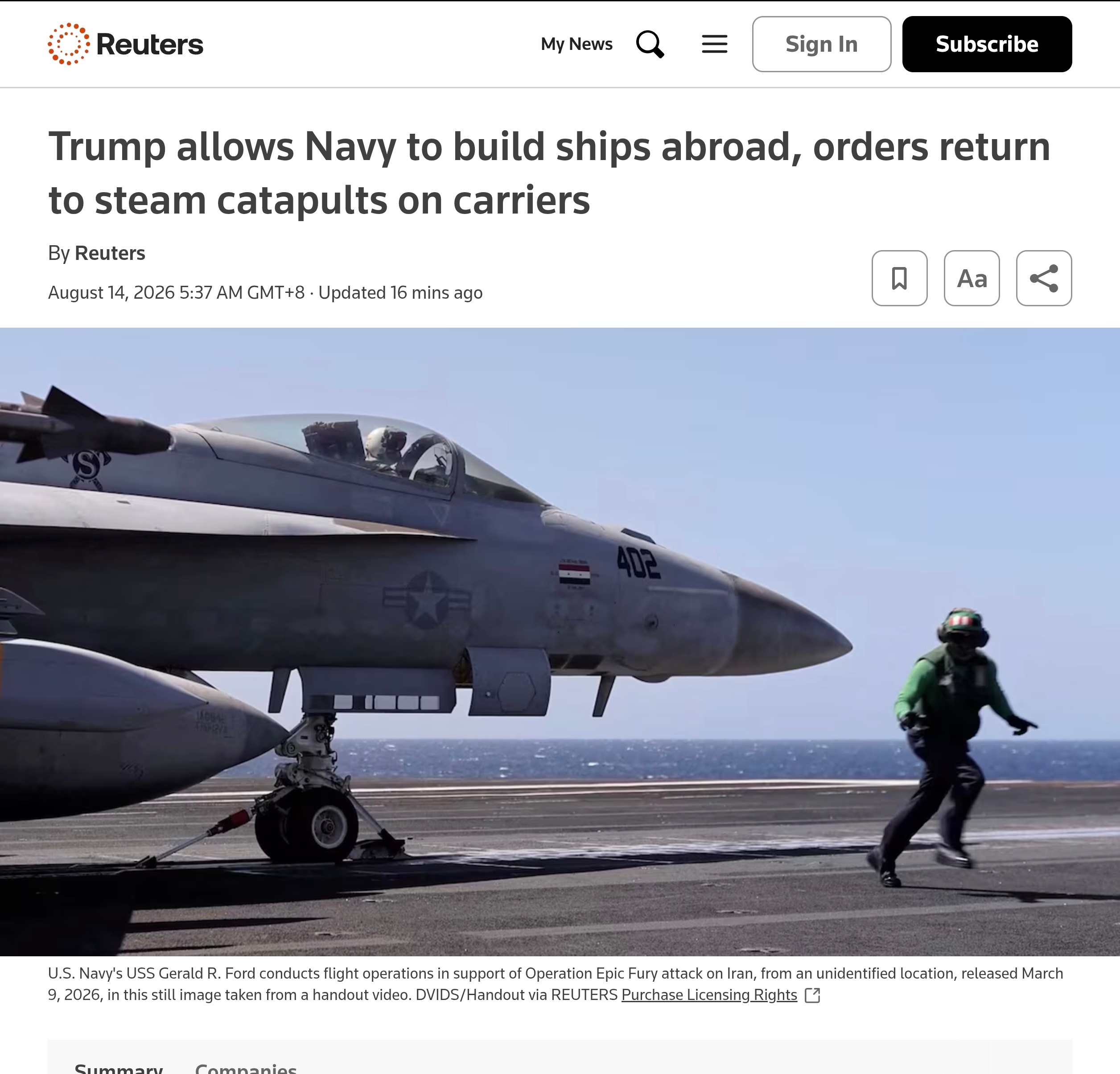 据WSJ报道，美国总统特朗普下令美国海军在未来的“福特”级航空母舰上恢复使用蒸汽