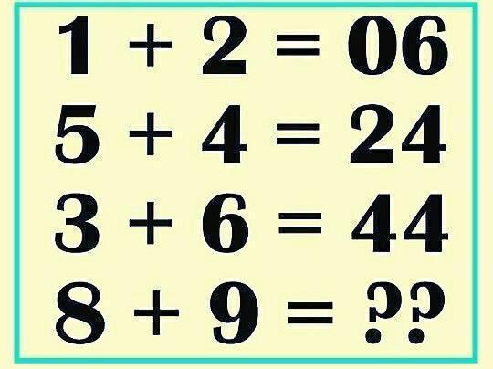观察这组有趣的数学等式：1 + 2 = 06，5 + 4 = 24，3 + 6 