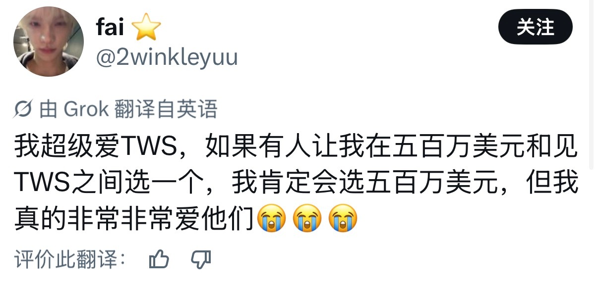 我超级爱TWS，如果有人让我在五百万美元和见TWS之间选一个，我肯定会选五百万美