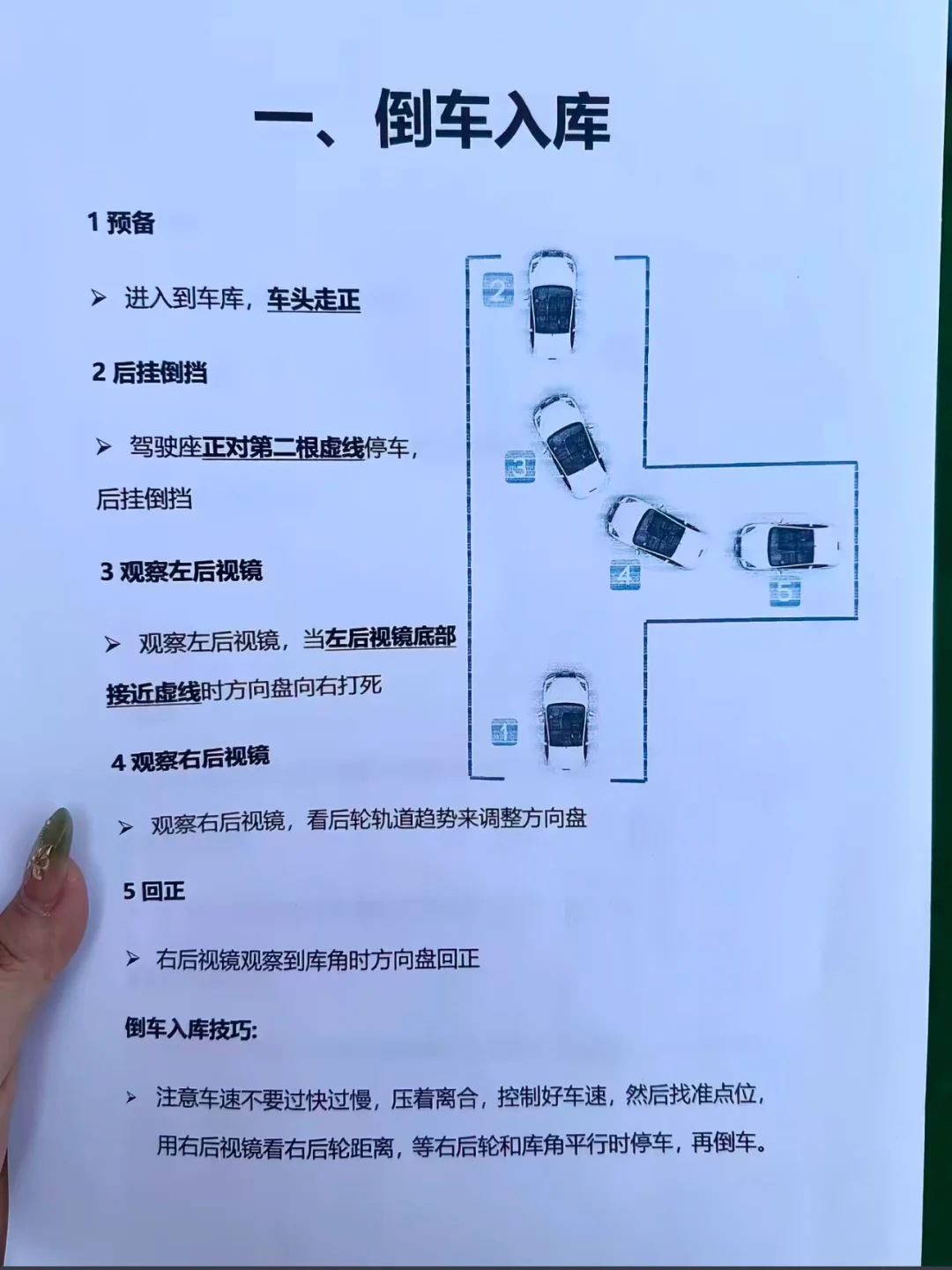 一、倒车入库 1预备 >进入到车库，车头走正 2后挂倒挡 ＞ 驾驶座正...