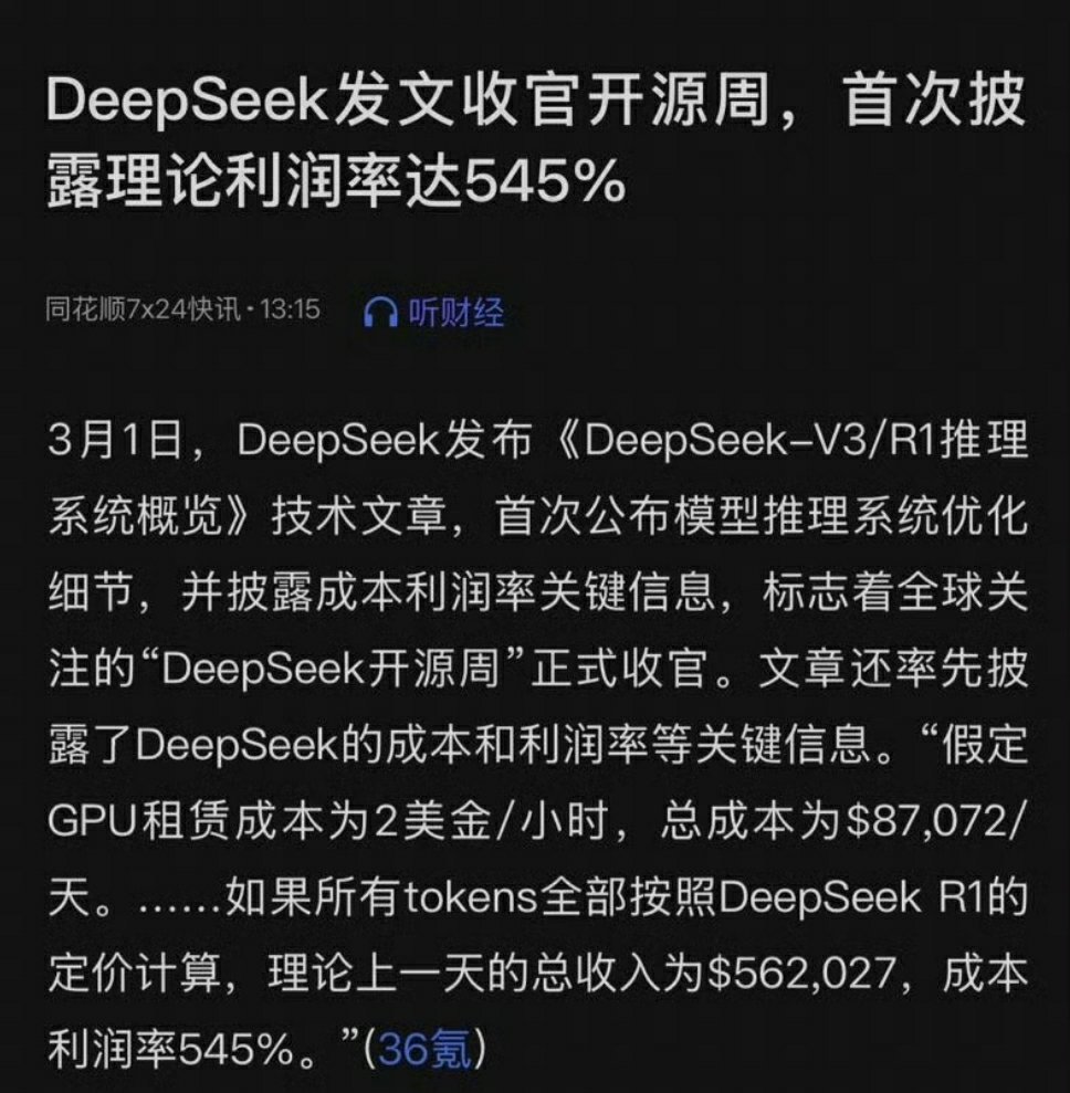 🔻DeepSeek发文，理论上，利润率高达545%🔻这个成本和利润，比很多科