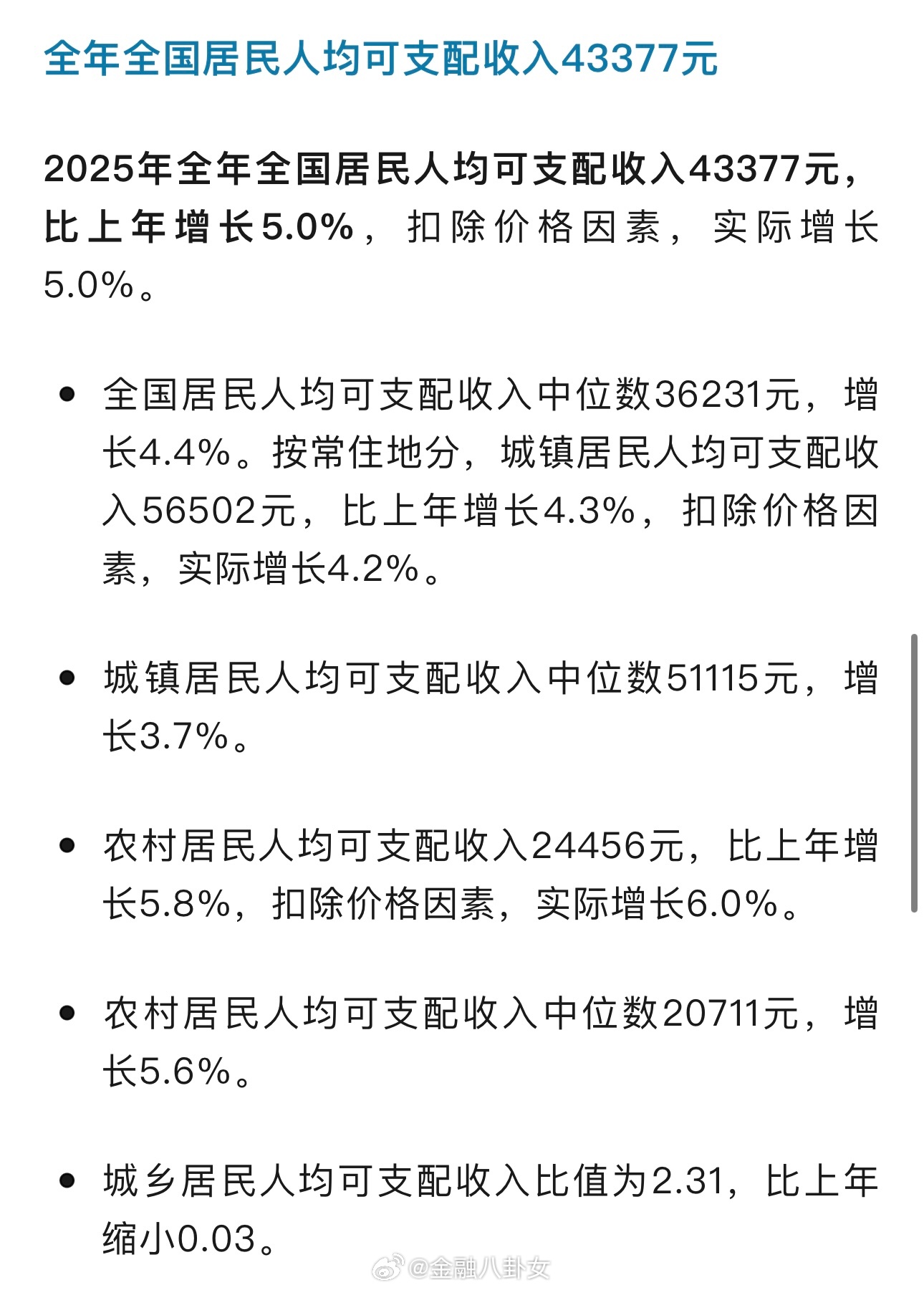 2025年GDP增长5%，全国居民人均可支配收入43377元，来看看你达标了么