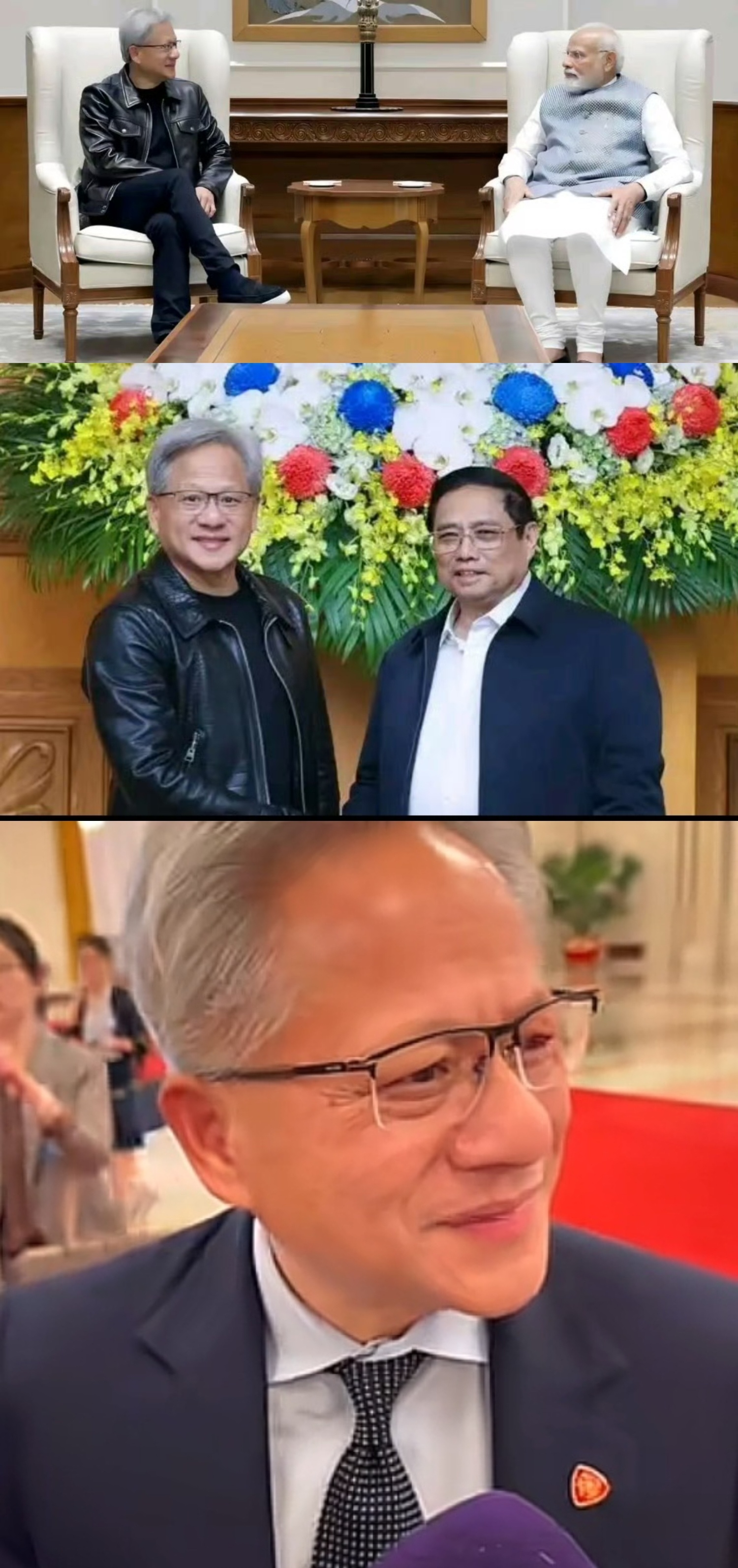 联想确认成为英伟达H200中国分销商从上往下依次是——黄仁勋在印度（印度总理）；