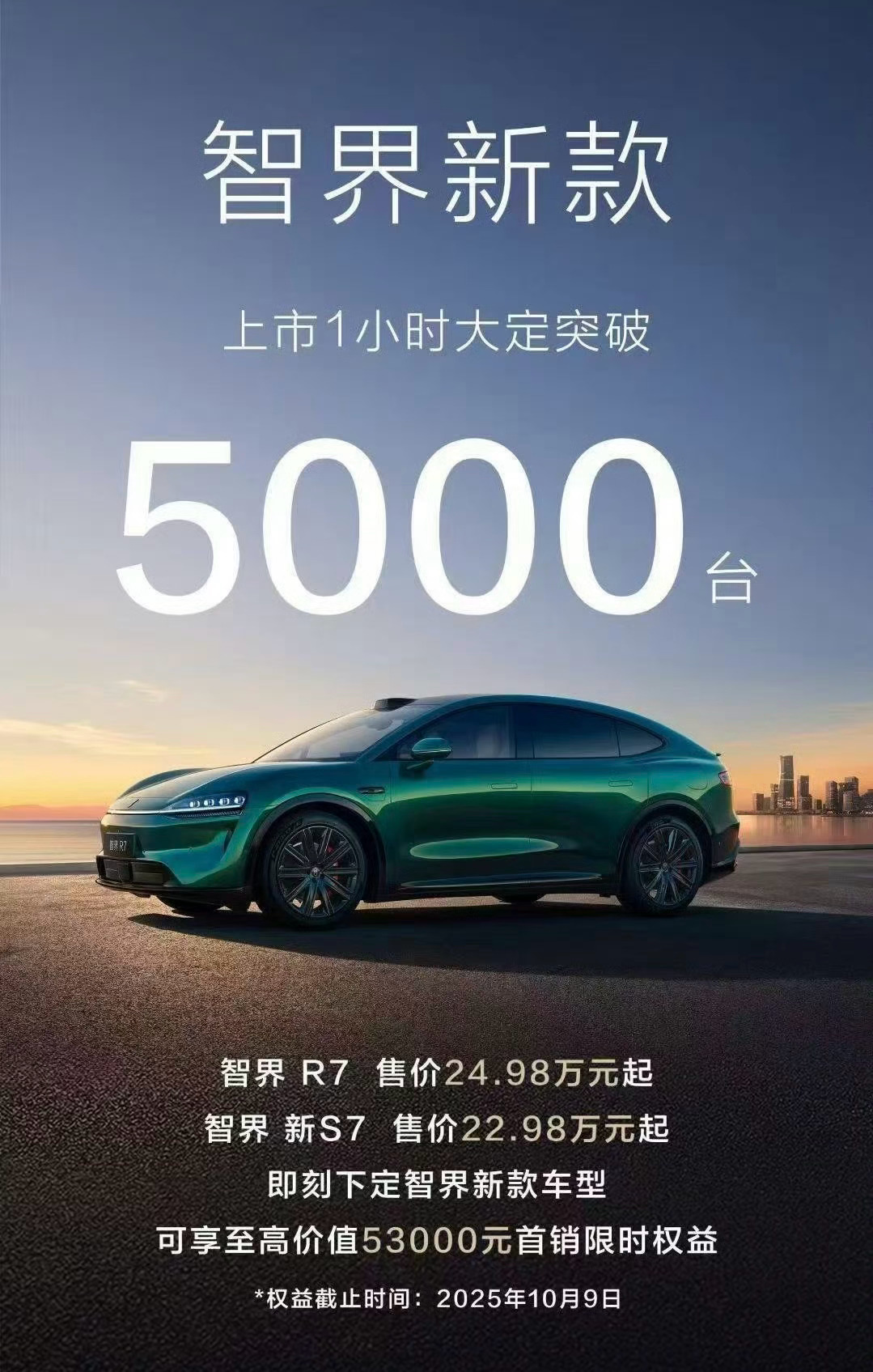 智界新款1小时大定5000台，所谓的新款包括智界R7增程版和纯电版，以及智界S7