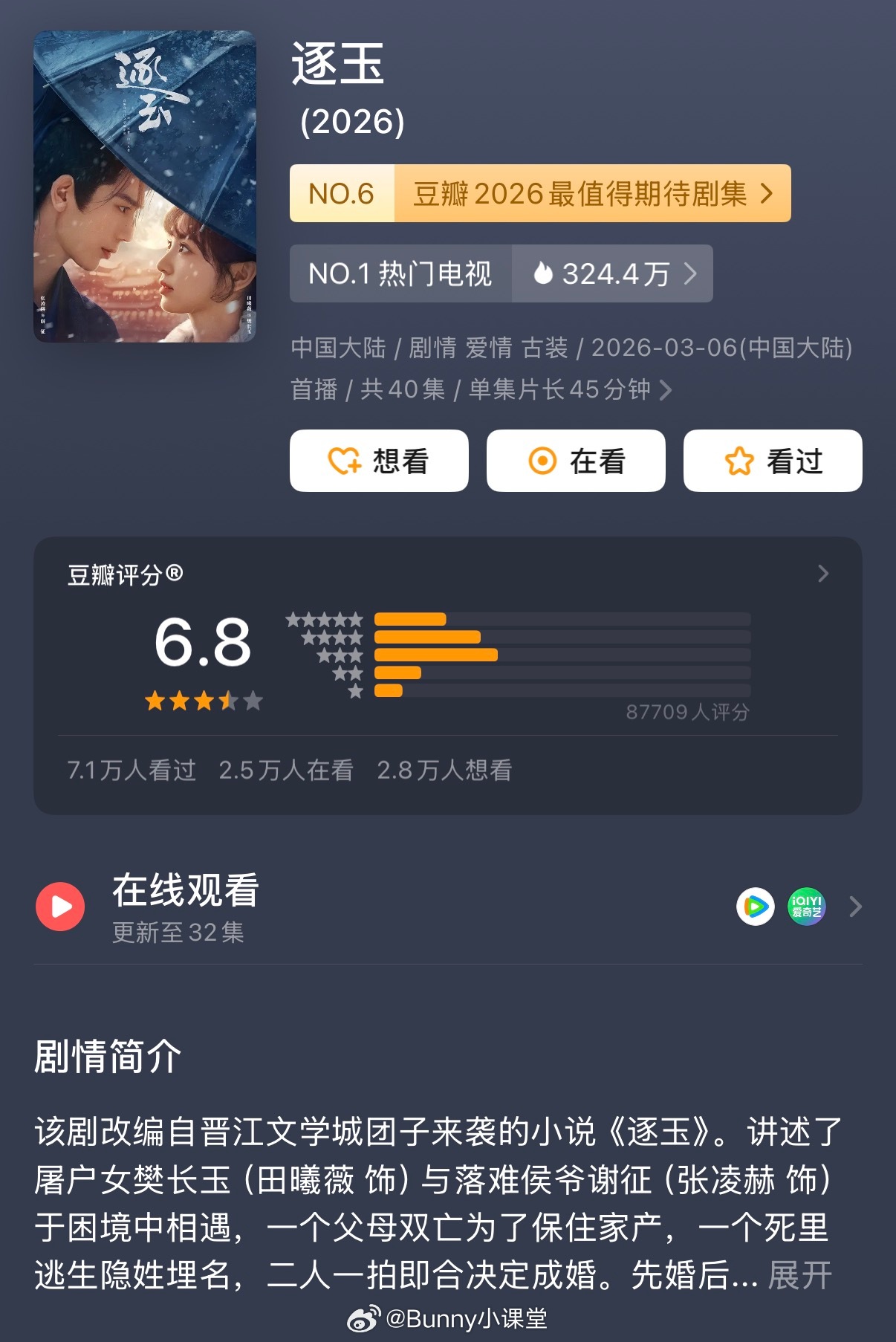 张凌赫、田曦薇主演的《逐玉》豆瓣开分6.8，8.5万➕人打分，大部分人打了三星和