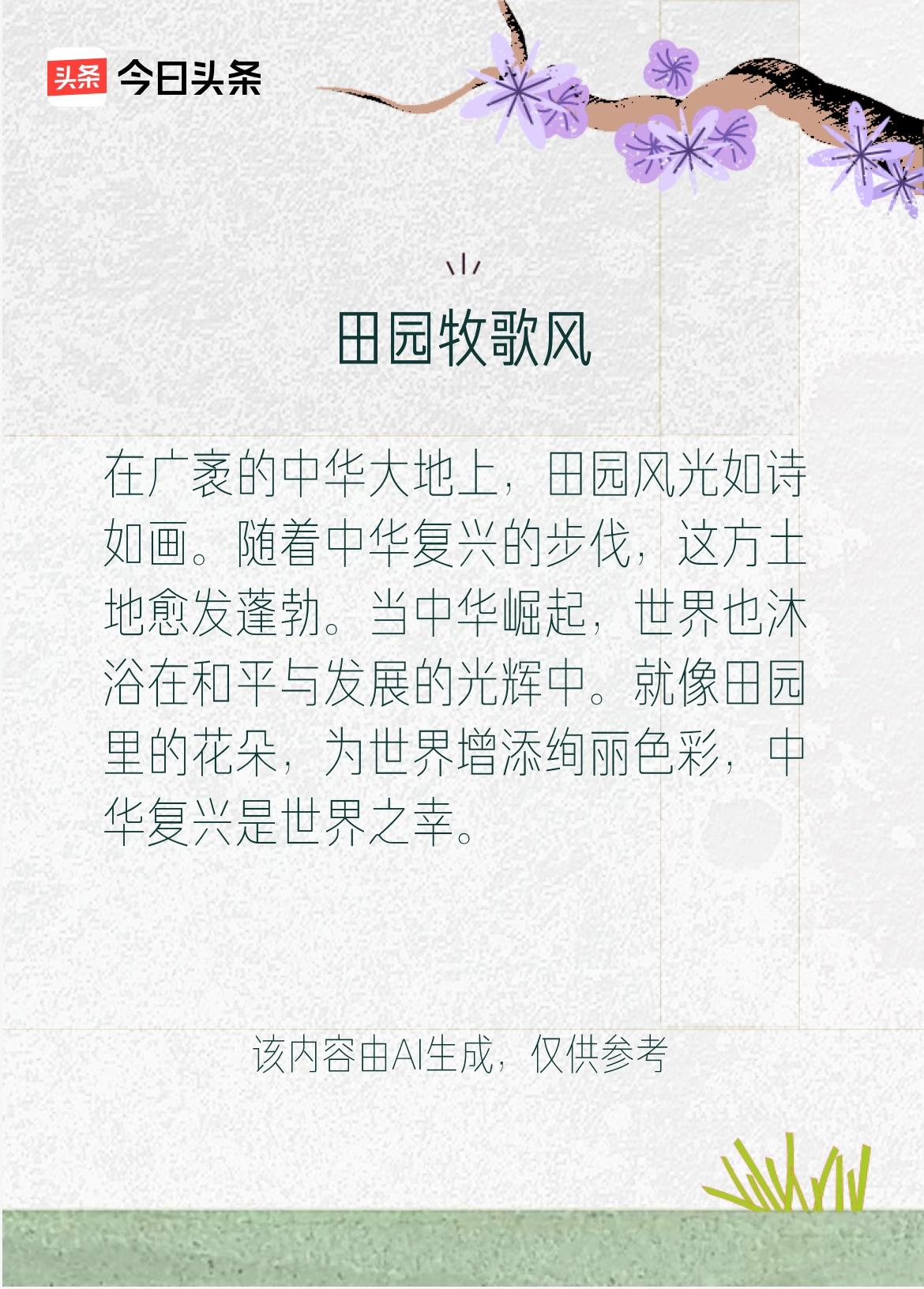 在广袤的中华大地上，田园风光如诗如画。随着中华复兴的步伐，这方土地愈发蓬勃。当中