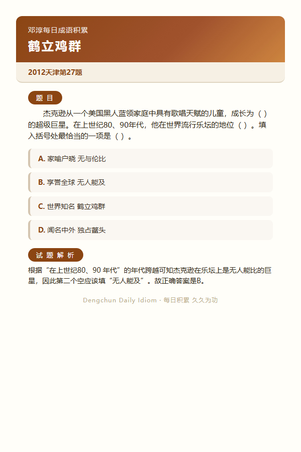 今日公考言语高频成语：鹤立鸡群+3 道真题 